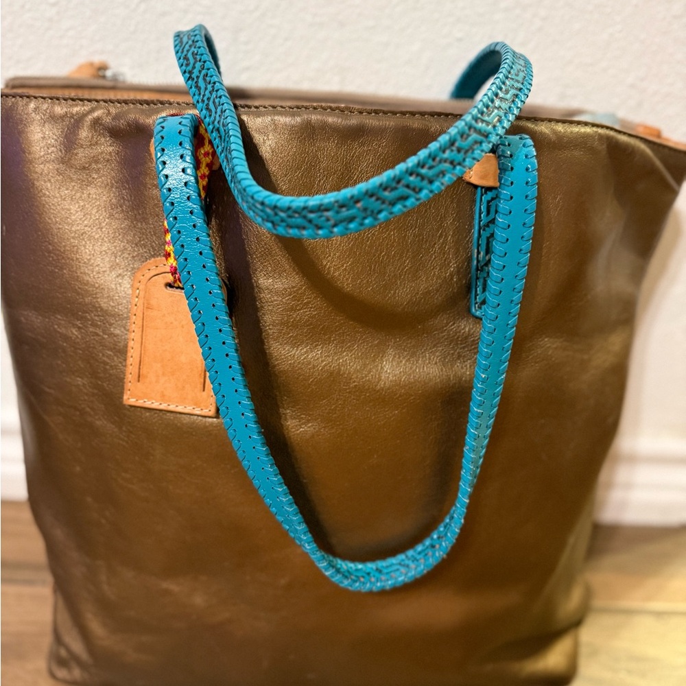 Brown Leather Tote Bag with Blue Accents